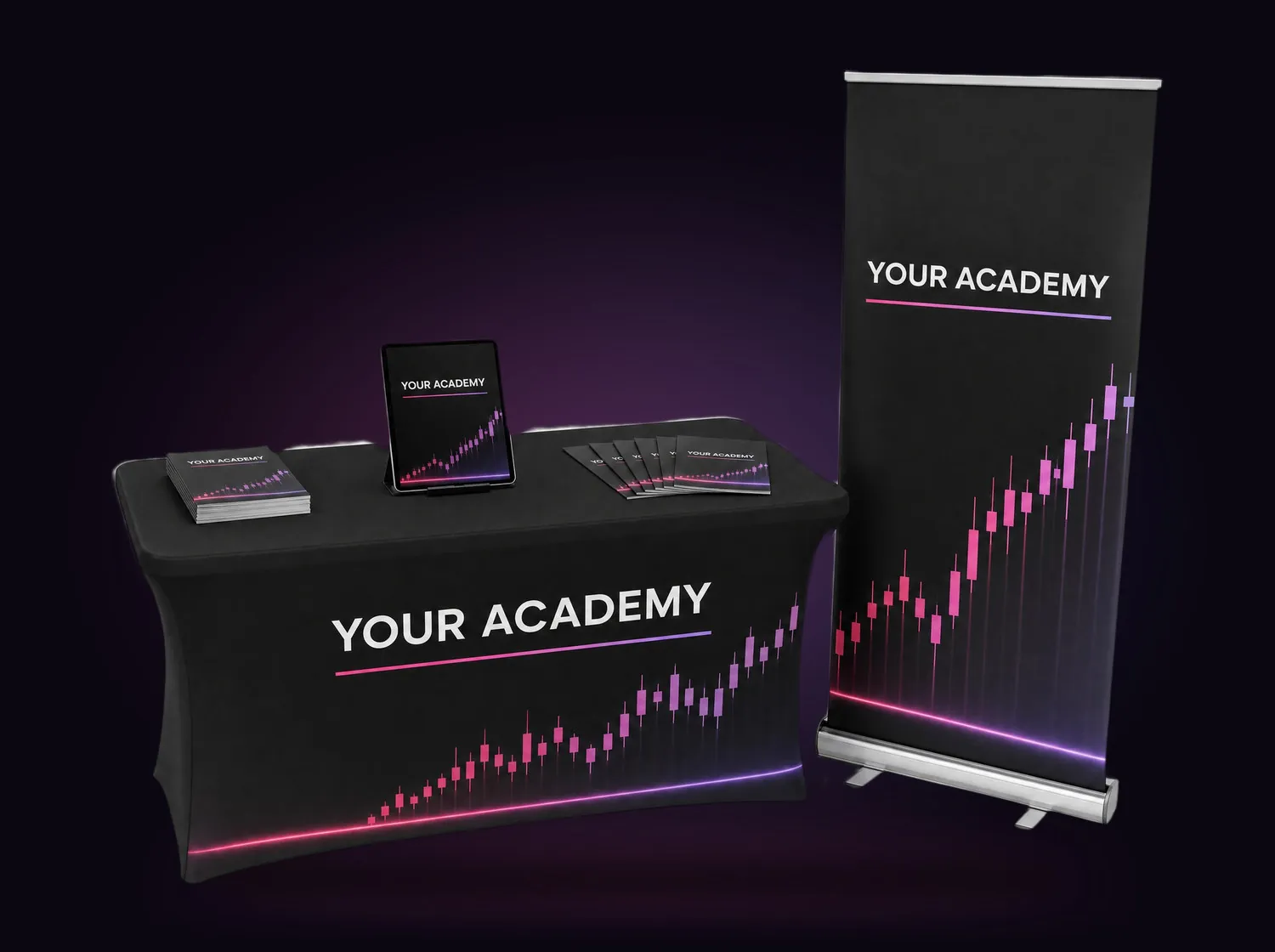 Render of a partner academy stand: a draped table and a roll-up banner