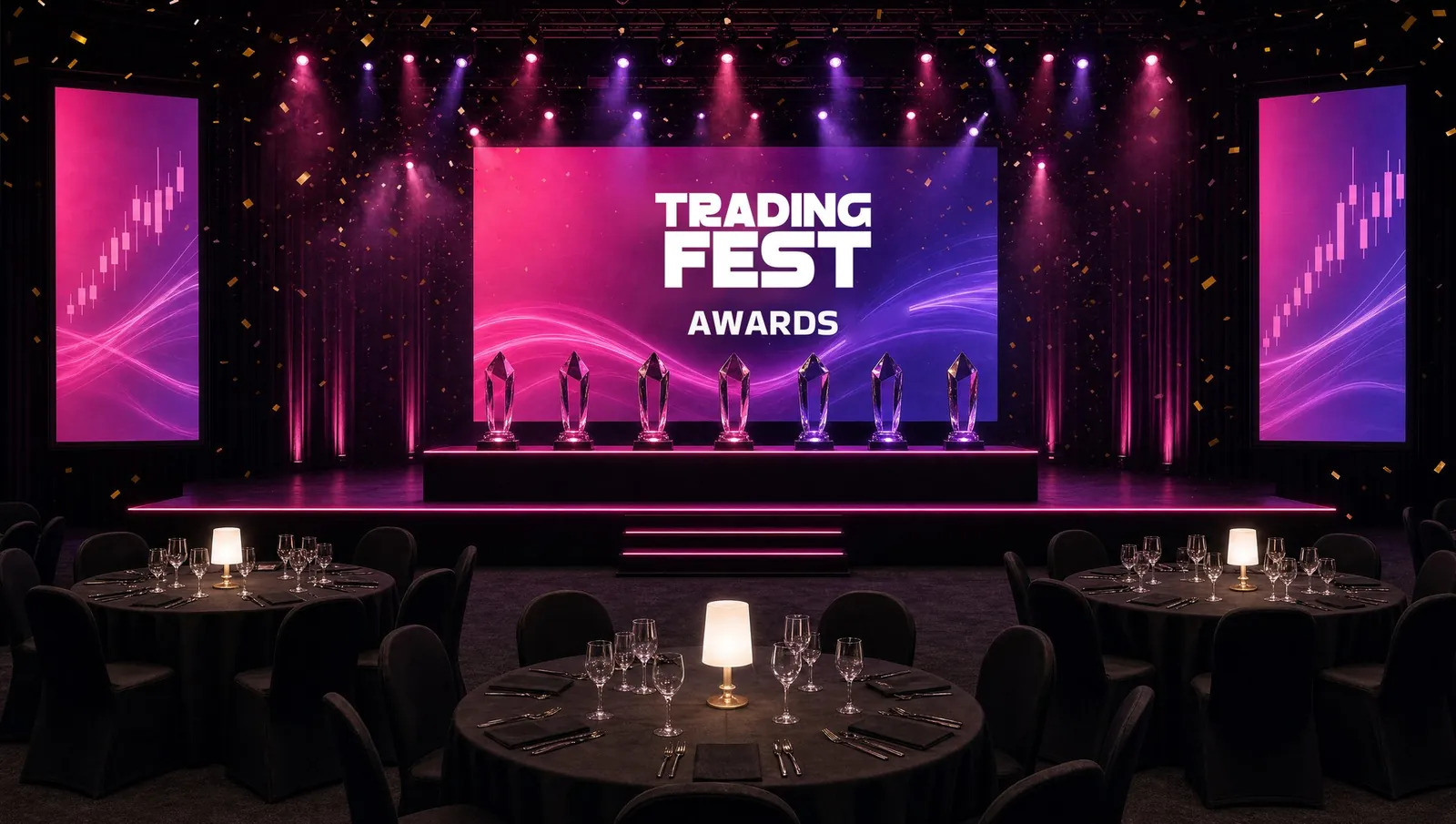 Render do palco dos Trading Fest Awards, com os troféus sobre o Main Stage.