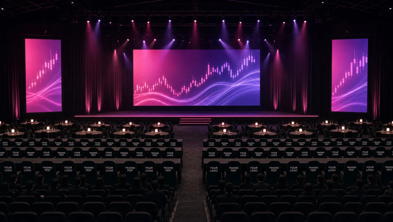 Render da sala do Trading Fest: o Main Stage com seus telões e as mesas diante do palco.